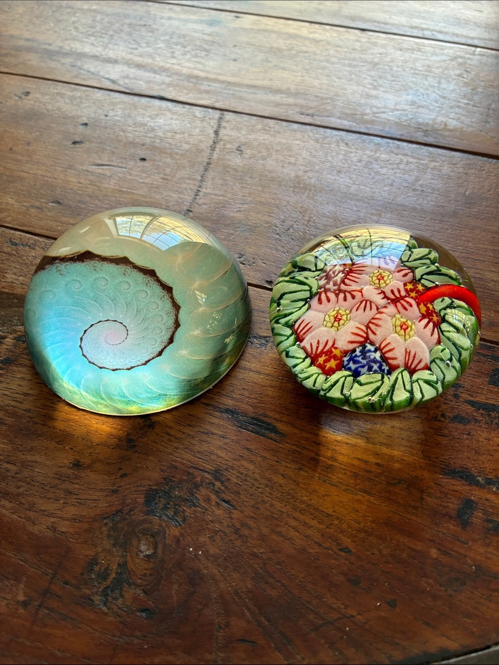 Handcrafted Green & Teal Glass Art Paperweights - Floral and Nautilus Designs